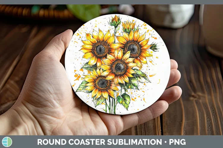 Watercolor Splatter Sunflower Round Coaster Sublimation Coas