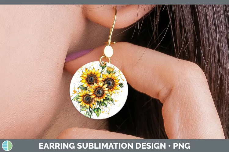 Watercolor Splatter Sunflower Round Earrings Sublimation Ear