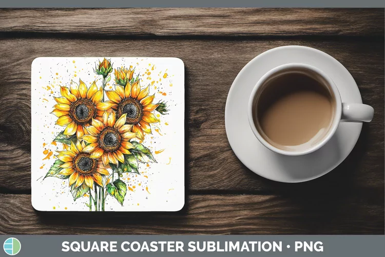 Watercolor Splatter Sunflower Square Coaster Sublimation Coa