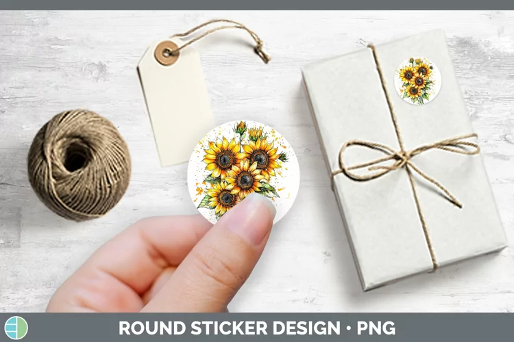 Watercolor Splatter Sunflower Stickers | Round Labels Design