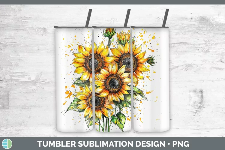 Watercolor Splatter Sunflower Tumbler Sublimation 20 oz Skin