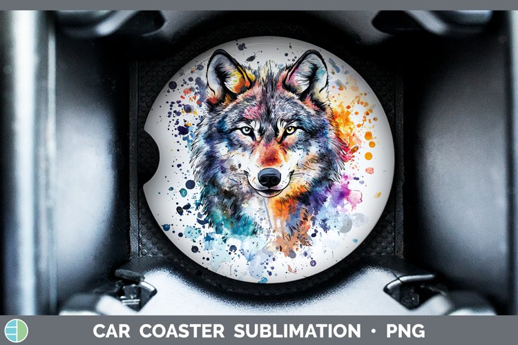 Watercolor Splatter Wolf Car Coaster Sublimation Designs