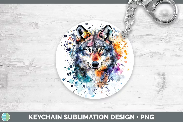 Watercolor Splatter Wolf Keychain Sublimation Keyring Design