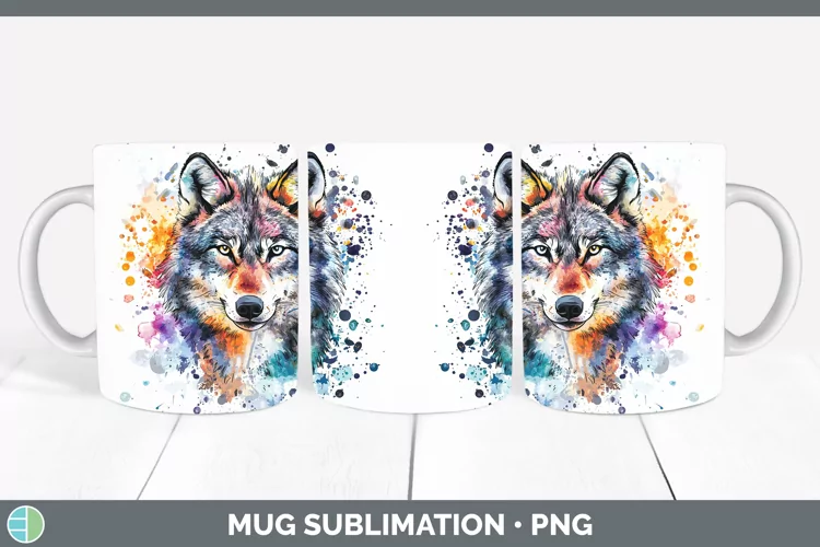 Watercolor Splatter Wolf Mug Wrap Sublimation Coffee Cup Des