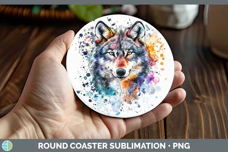 Watercolor Splatter Wolf Round Coaster Sublimation Coaster D
