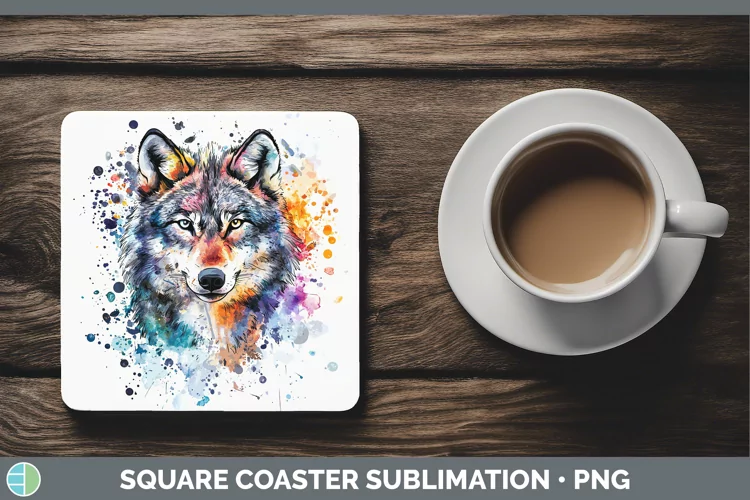 Watercolor Splatter Wolf Square Coaster Sublimation Coaster