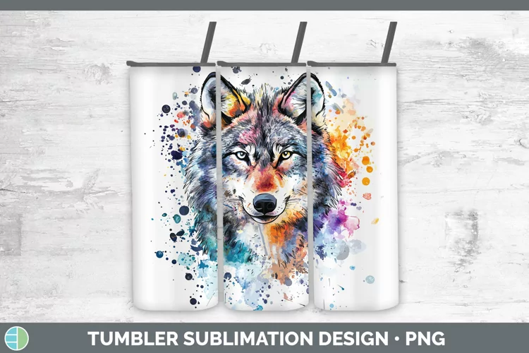 Watercolor Splatter Wolf Tumbler Sublimation 20 oz Skinny Tu