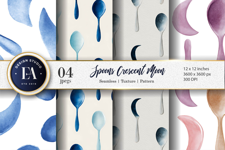 Watercolor Minimalist Crescent Moon Spoons Digital Paper