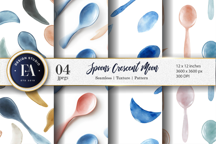 Watercolor Minimalist Crescent Moon Spoons Digital Paper