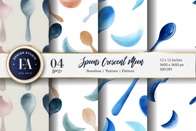 Minimalist Crescent Moon Watercolor Spoon Seamless Paper