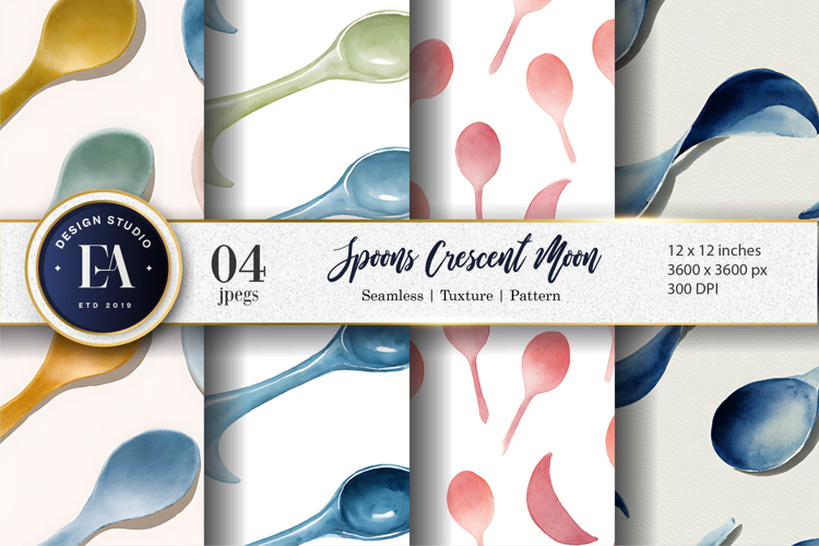 Watercolor Crescent Moon Spoons Minimalist Digital Paper