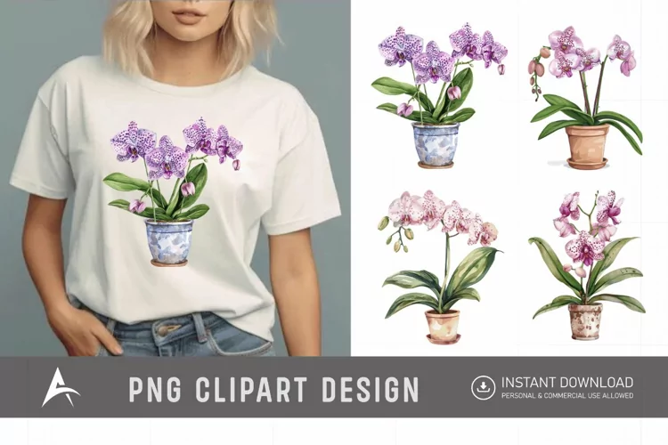 Watercolor Spotted Orchid in Pot Clipart