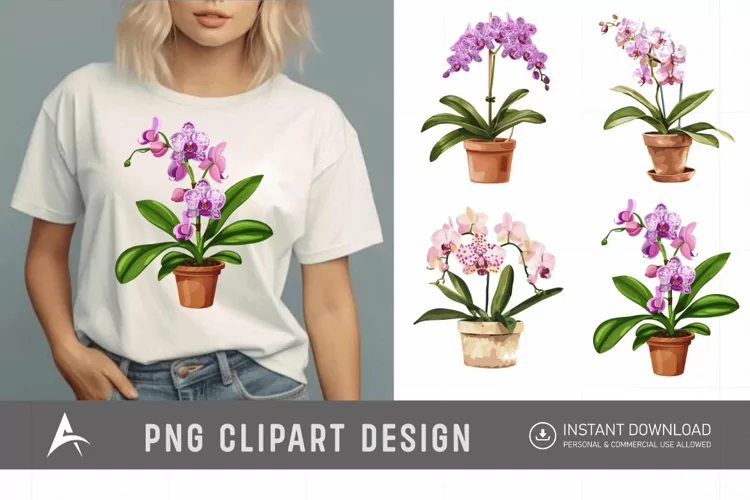 Watercolor Spotted Orchid in Pot Clipart