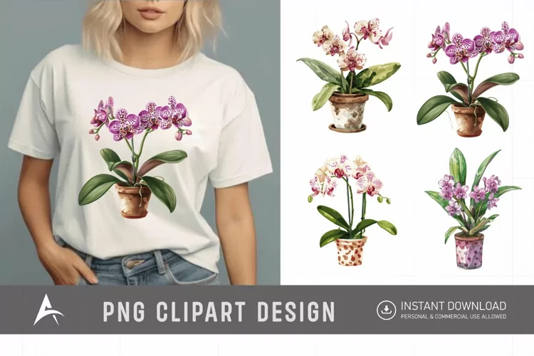 Watercolor Spotted Orchid in Pot Clipart