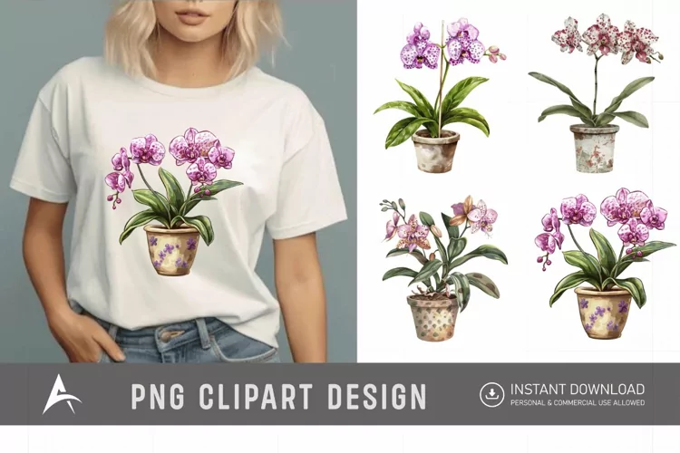 Watercolor Spotted Orchid in Pot Clipart