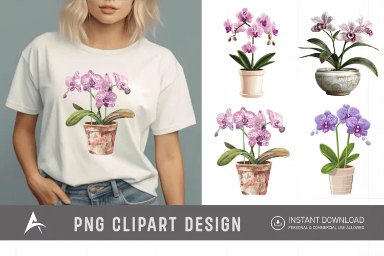 Watercolor Spotted Orchid in Pot Clipart