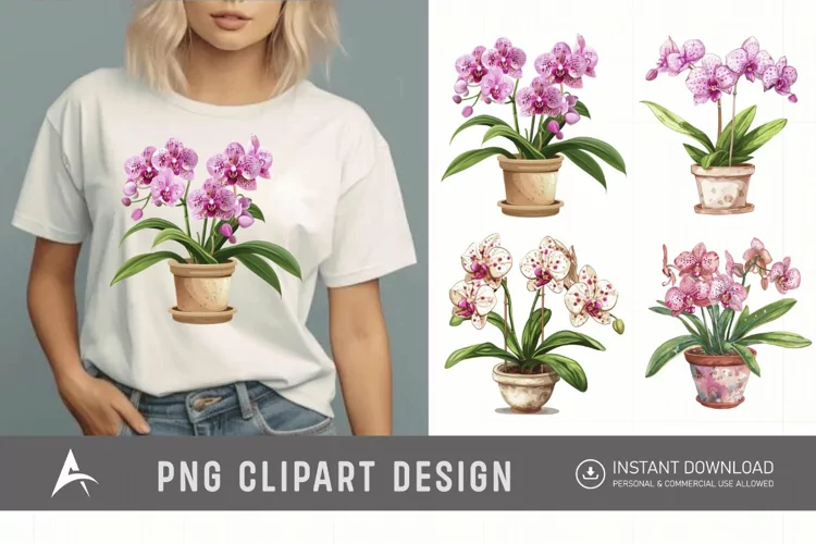 Watercolor Spotted Orchid in Pot Clipart