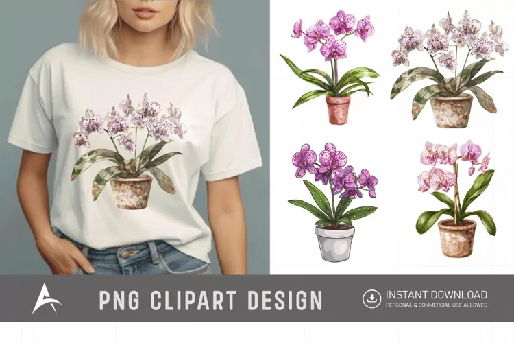 Watercolor Spotted Orchid in Pot Clipart