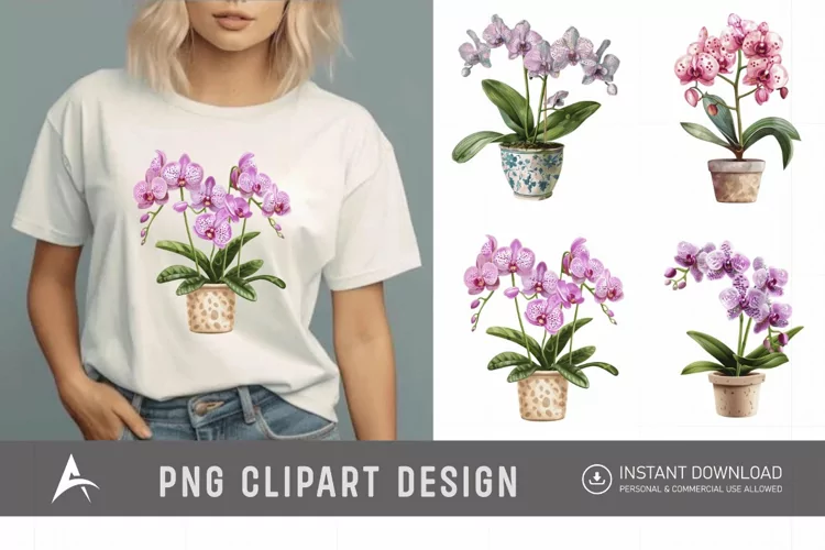 Watercolor Spotted Orchid in Pot Clipart