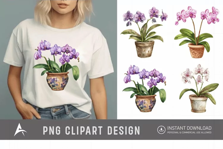 Watercolor Spotted Orchid in Pot Clipart