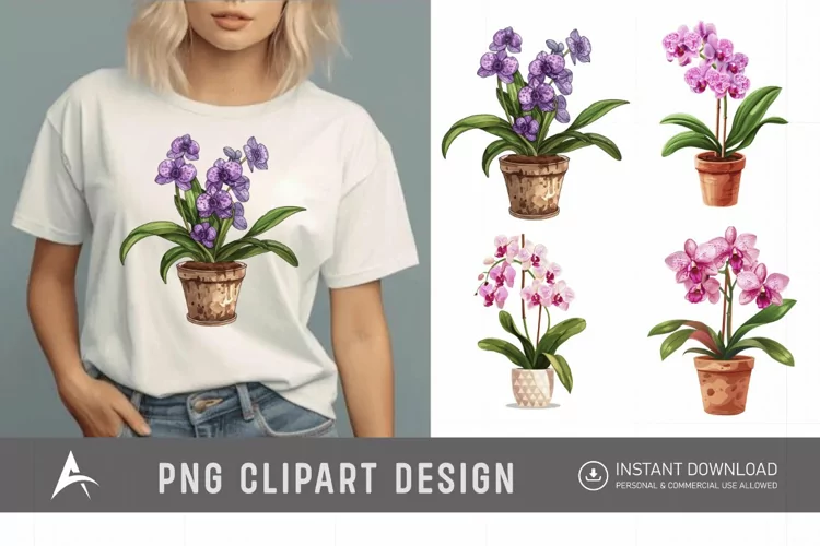 Watercolor Spotted Orchid in Pot Clipart