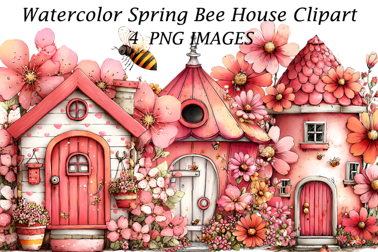Watercolor Spring Bee House Clipart