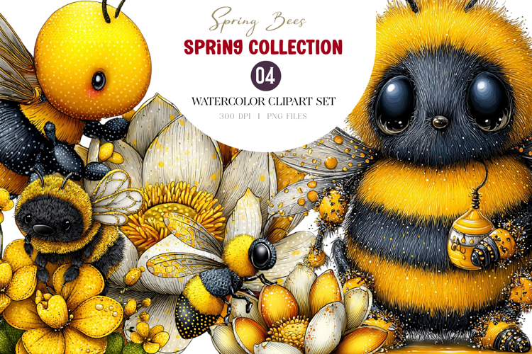 Watercolor Spring Bees Clipart