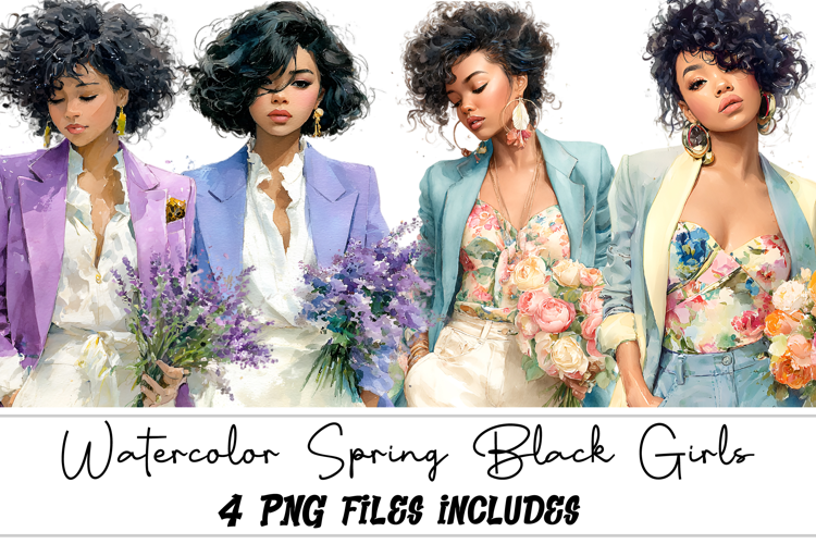 Watercolor Spring Black Girls Clipart