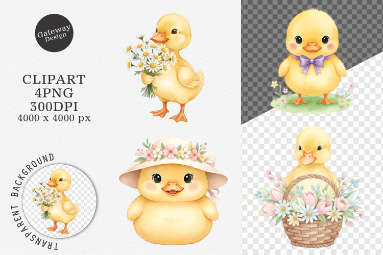 Watercolor Spring Cute Duck Clipart