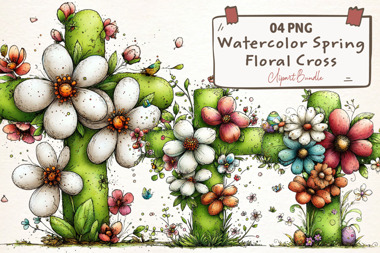 Watercolor Spring Floral Cross Clipart