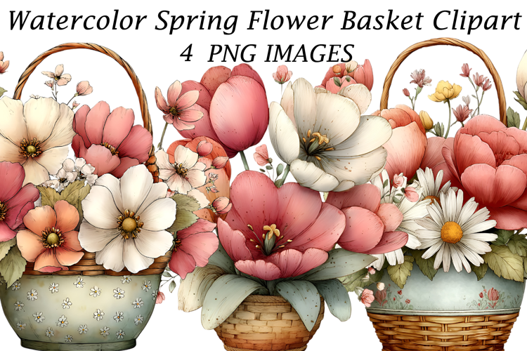 Watercolor Spring Flower Basket Clipart