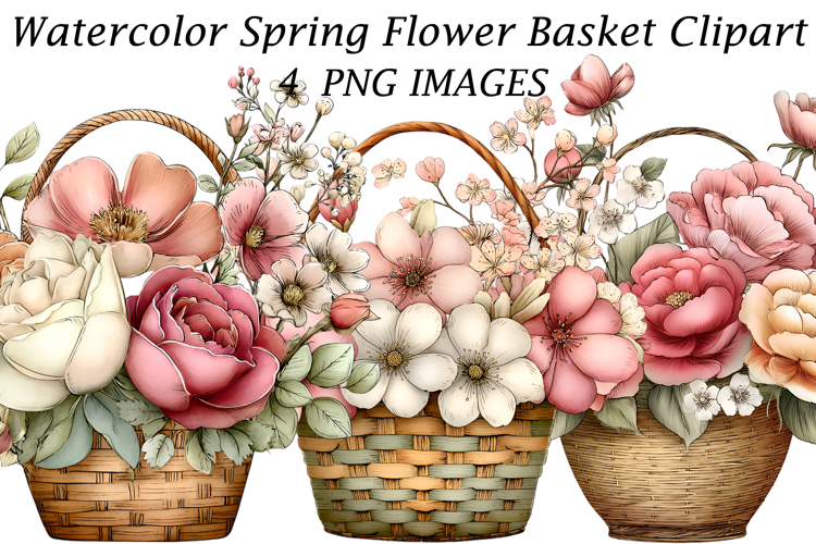 Watercolor Spring Flower Basket Clipart