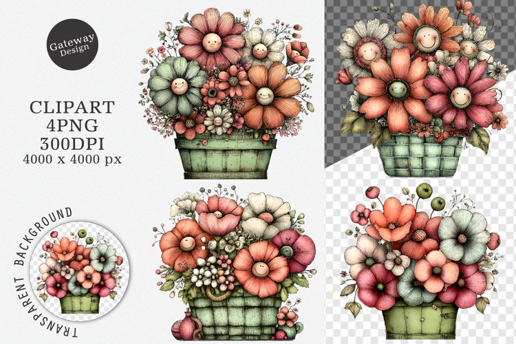 Watercolor spring flower basket clipart - spring flower Png