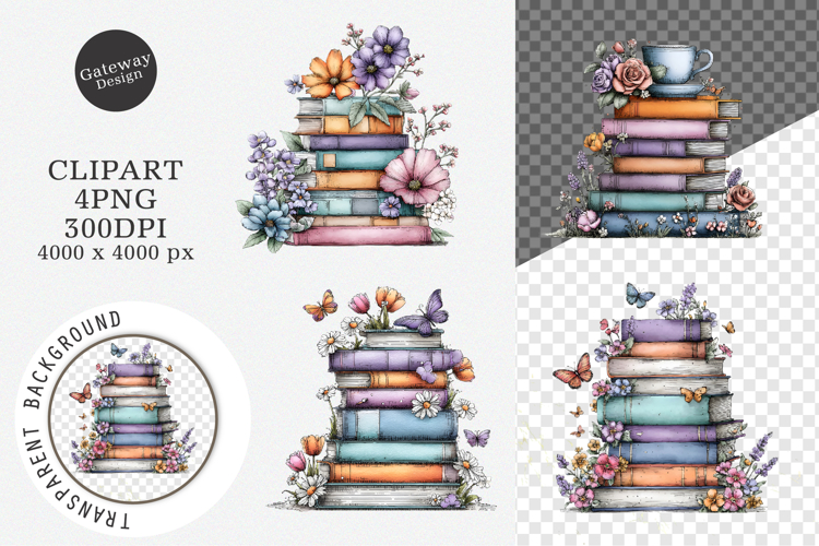 Watercolor Spring flower books Clipart