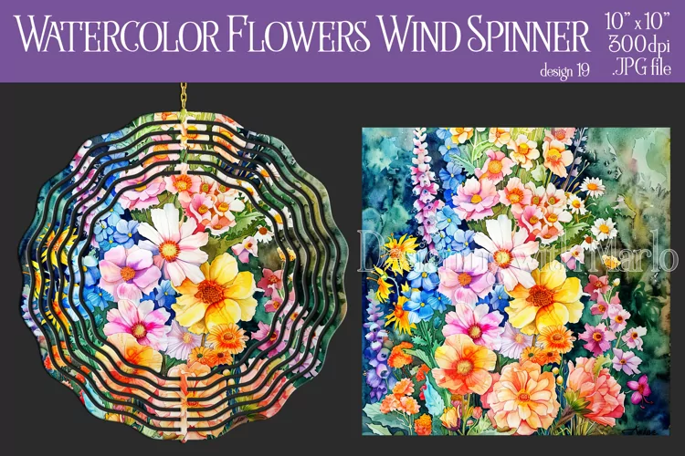Floral Spinner, Watercolor Spring Flowers Wind Spinner, d19