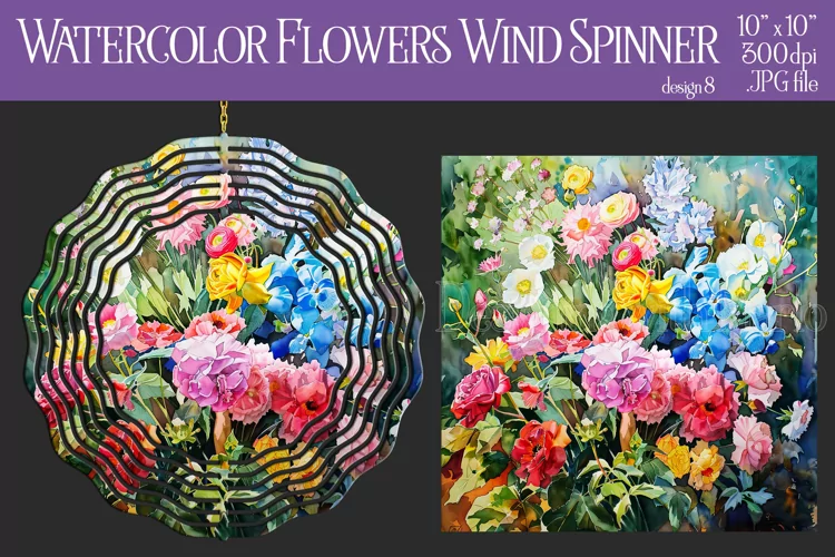 Floral Spinner, Watercolor Spring Flowers Wind Spinner, d8