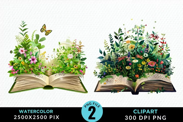 Watercolor Spring Flowers Books Clipart