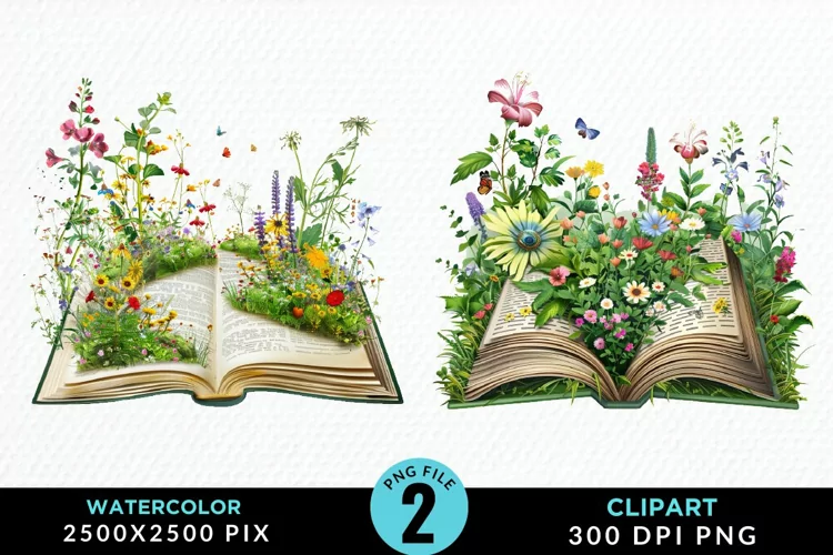 Watercolor Spring Flowers Books Clipart