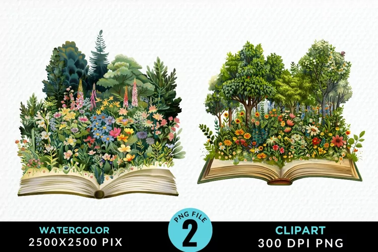 Watercolor Spring Flowers Books Art Clipart