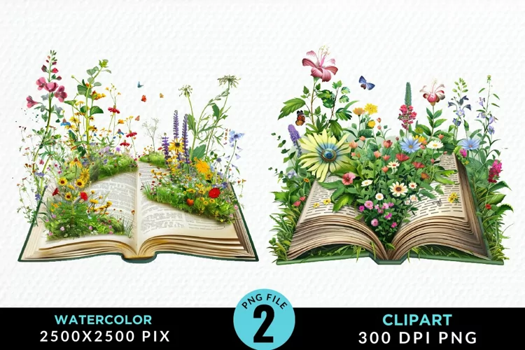Watercolor Spring Flowers Books Art Clipart