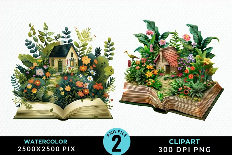 Watercolor Spring Flowers Books Art Clipart