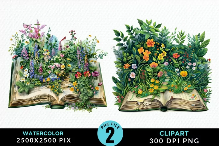 Watercolor Spring Flowers Books Art Clipart