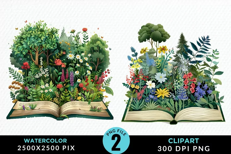 Watercolor Spring Flowers Books Art Clipart