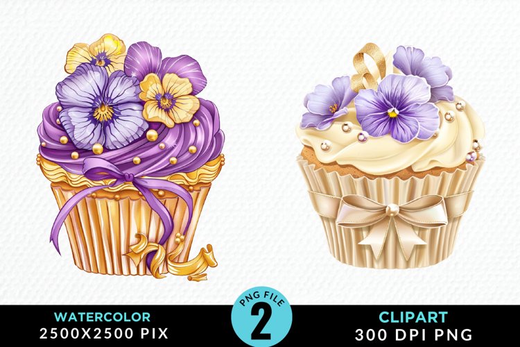 Watercolor Spring Flowers Cupcake Set Clipart