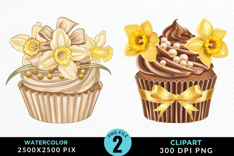 Watercolor Spring Flowers Cupcake PNG Clipart