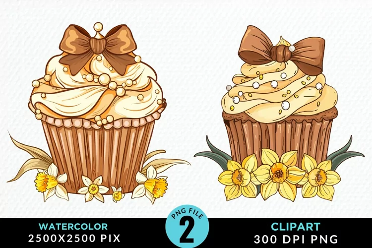 Watercolor Spring Flowers Cupcake PNG Clipart