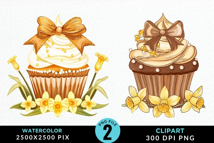 Watercolor Spring Flowers Cupcake PNG Clipart