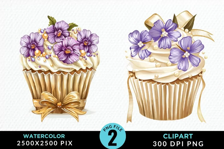 Watercolor Spring Flowers Cupcake PNG Clipart