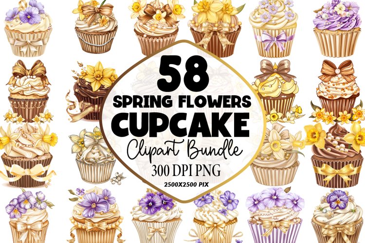 Watercolor Spring Flowers Cupcake Clipart Bundle