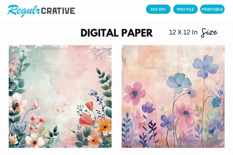Watercolor Spring Flowers Digital Paper, Floral Background